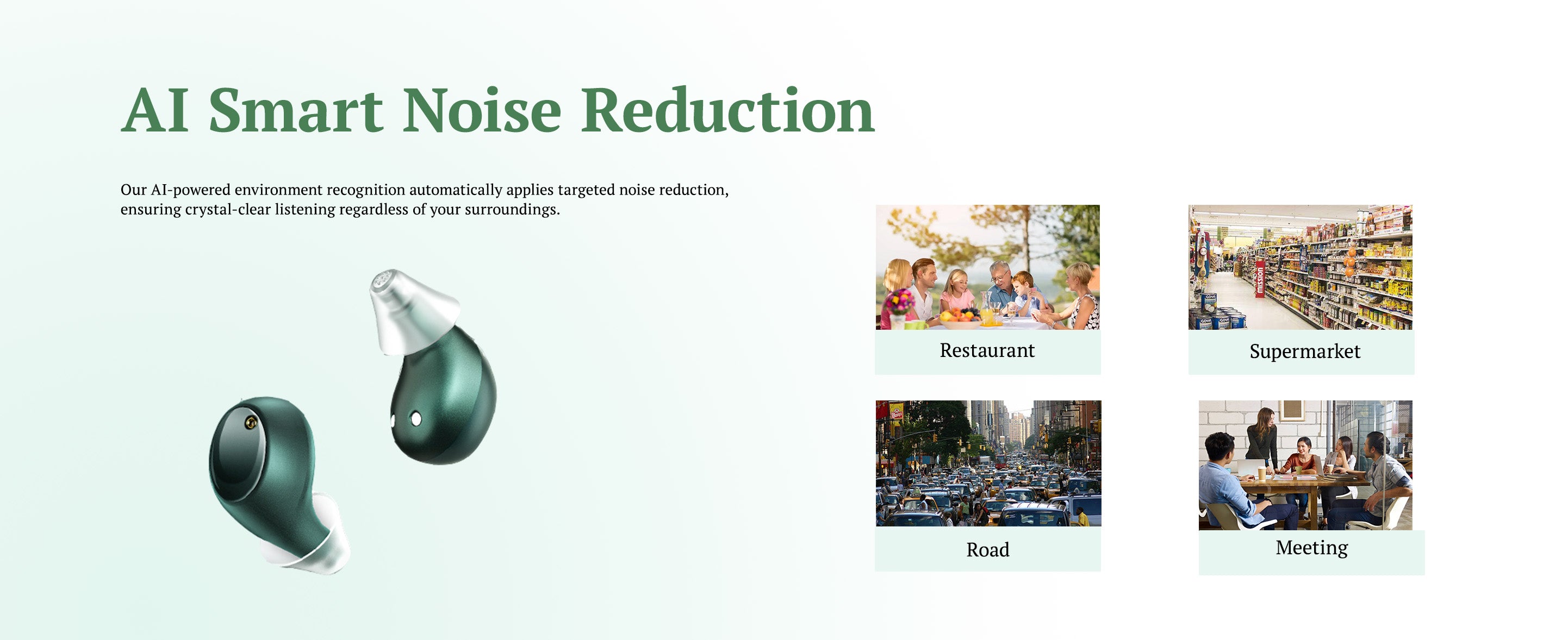 An image on the JIUYEE Air OTC Bluetooth Hearing Aids details page showcasing the hearing aid's AI automatic scene recognition and noise reduction feature.