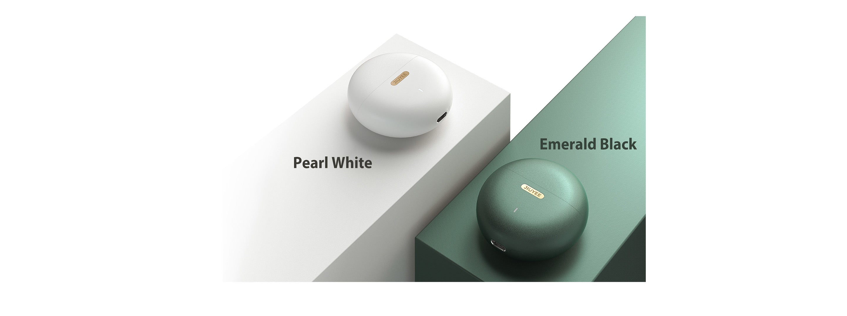 An image on the JIUYEE Air OTC Bluetooth Hearing Aids details page showcasing the two color options available, Pearl white and emerald black.