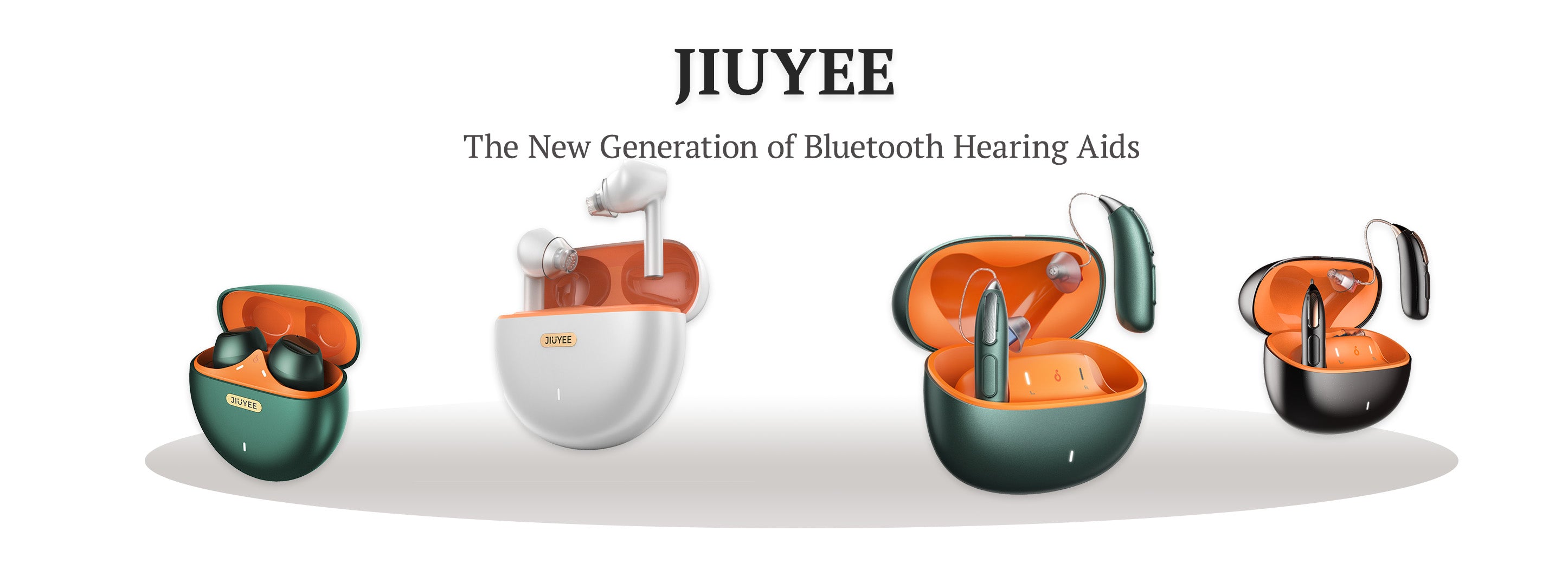 A banner image on the JIUYEE Family page featuring four models of JIUYEE OTC Bluetooth hearing aids.