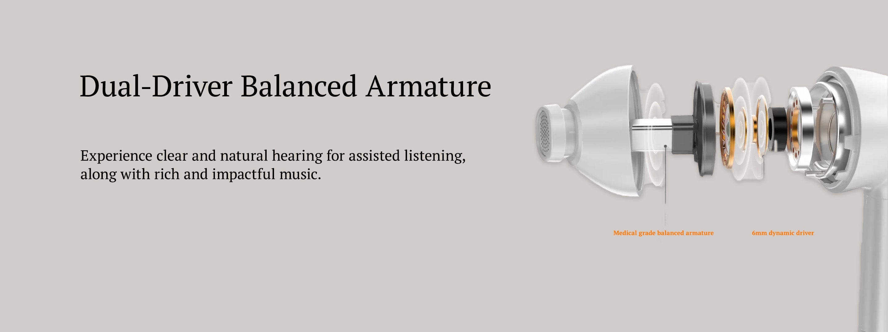 An image on the JIUYEE Free hearing aids details page showcasing the use of dual-driver balanced armature technology in the hearing aid.