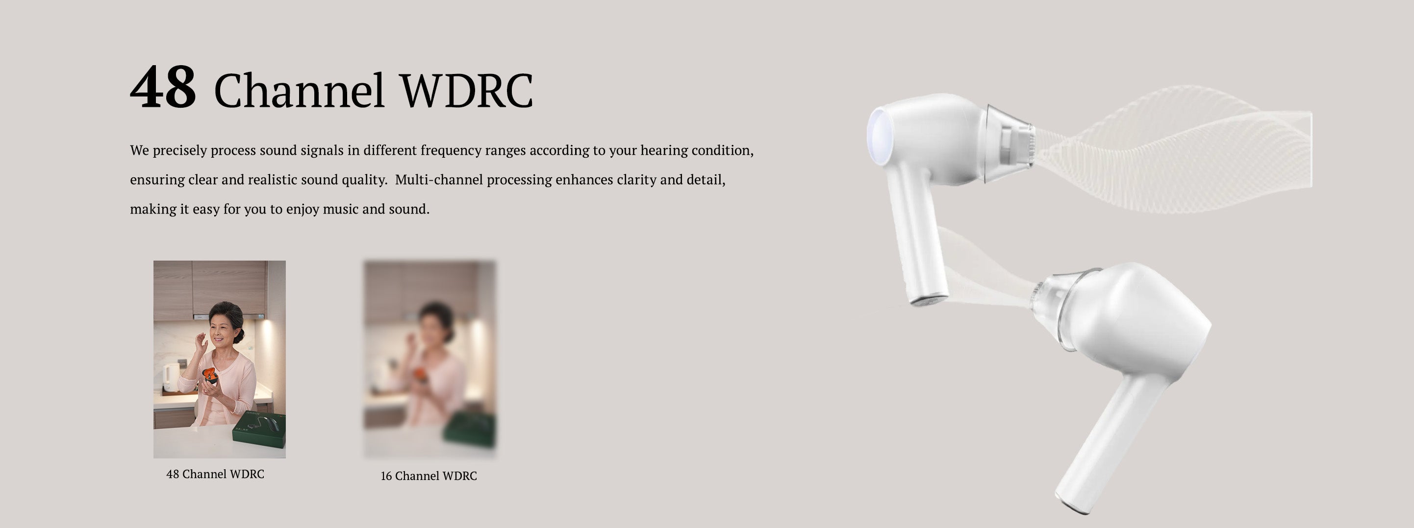 An image on the JIUYEE Free hearing aids details page comparing the 48-channel and 16-channel WDRC (Wide Dynamic Range Compression) settings of the hearing aid.