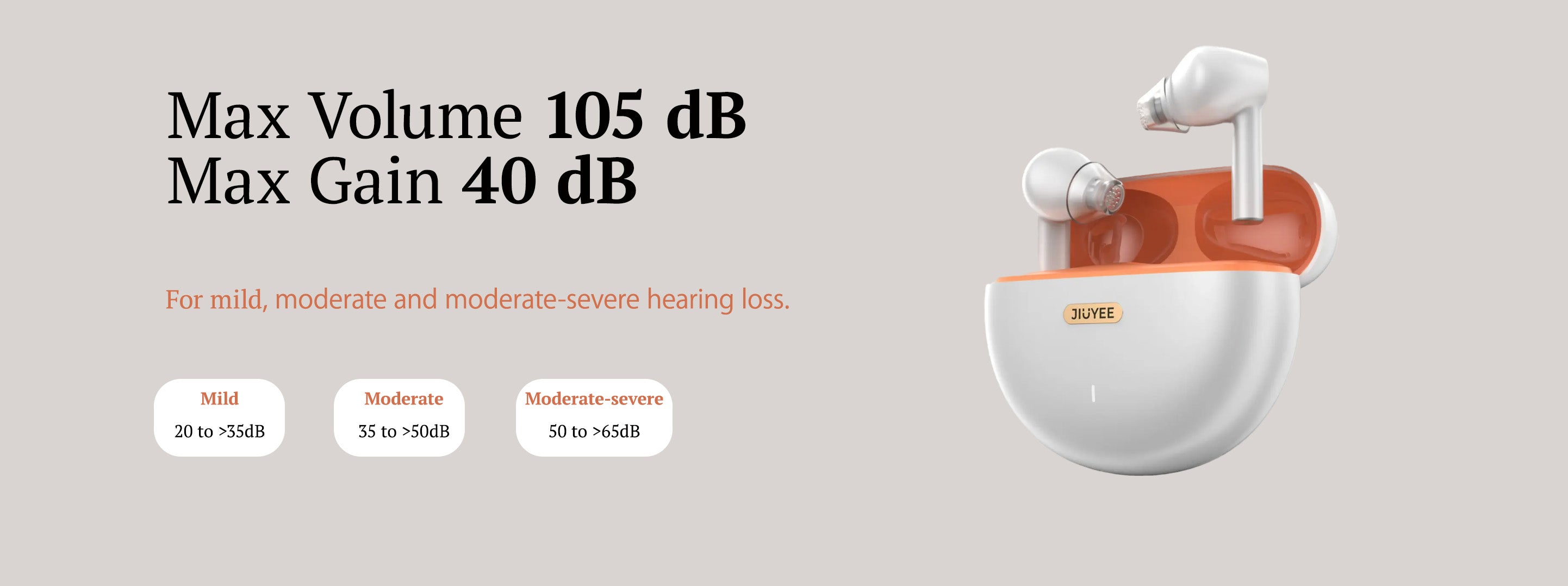 An image on the JIUYEE Free hearing aids details page displaying the maximum gain and maximum volume values of the hearing aid.