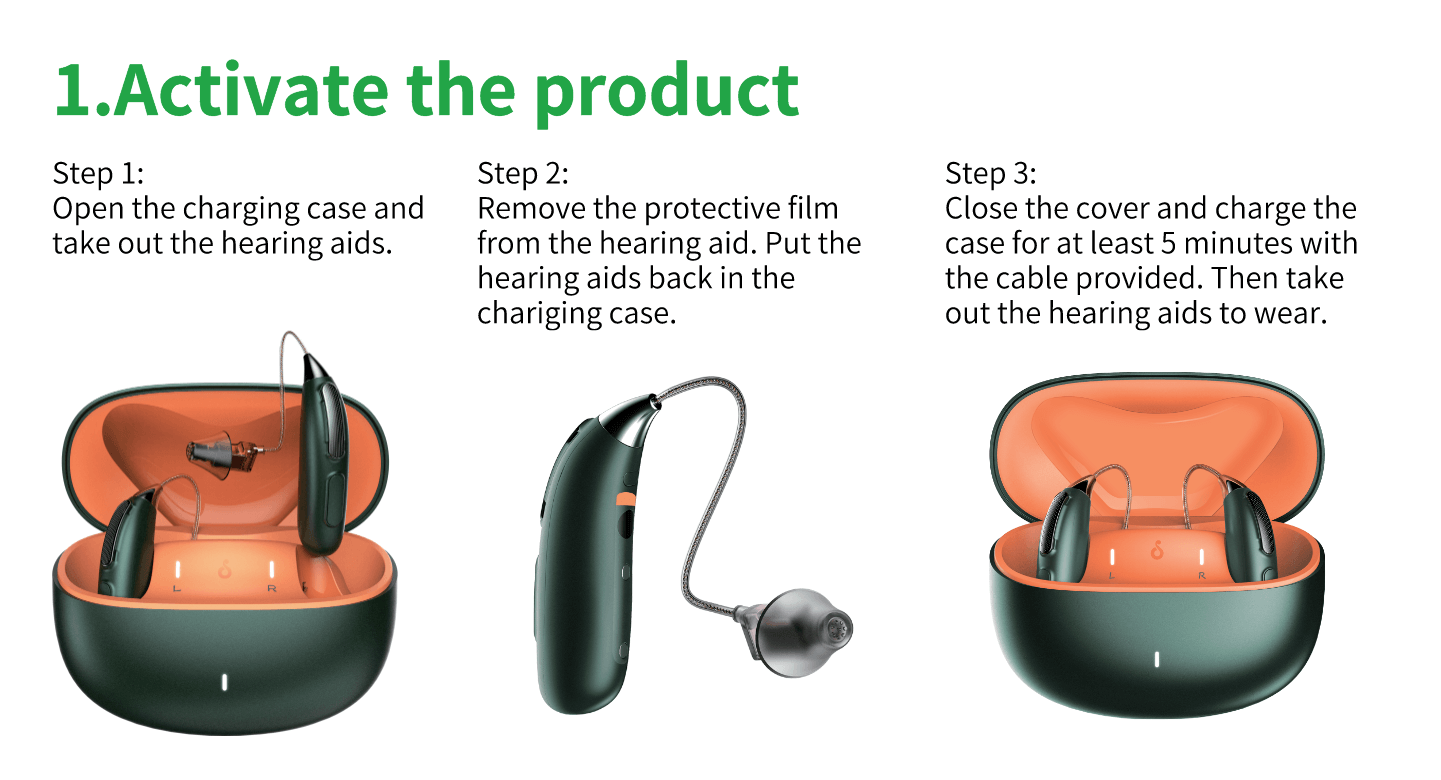 OTC Bluetooth hearing aid user guide step 1-activate the product