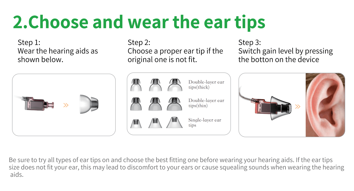 OTC Bluetooth hearing aid's user guide step 2-choose ear tips