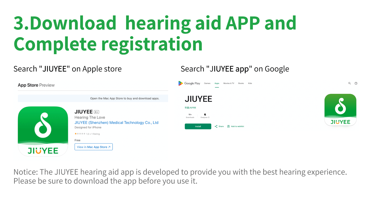 OTC Bluetooth hearing aids' user guide step 3-download app and registration