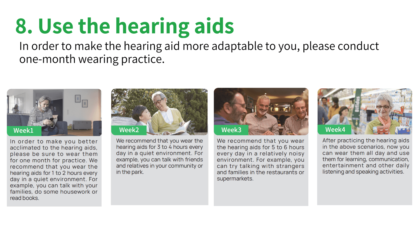 OTC Bluetooth hearing aids user guide step 8-practice using of hearing aid for 4 weeks