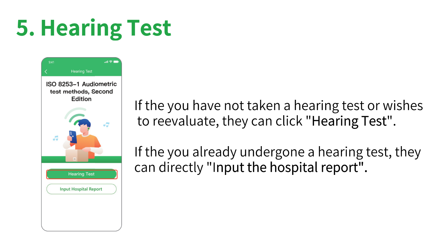 OTC Bluetooth hearing aids' user guide step 5-hearing test