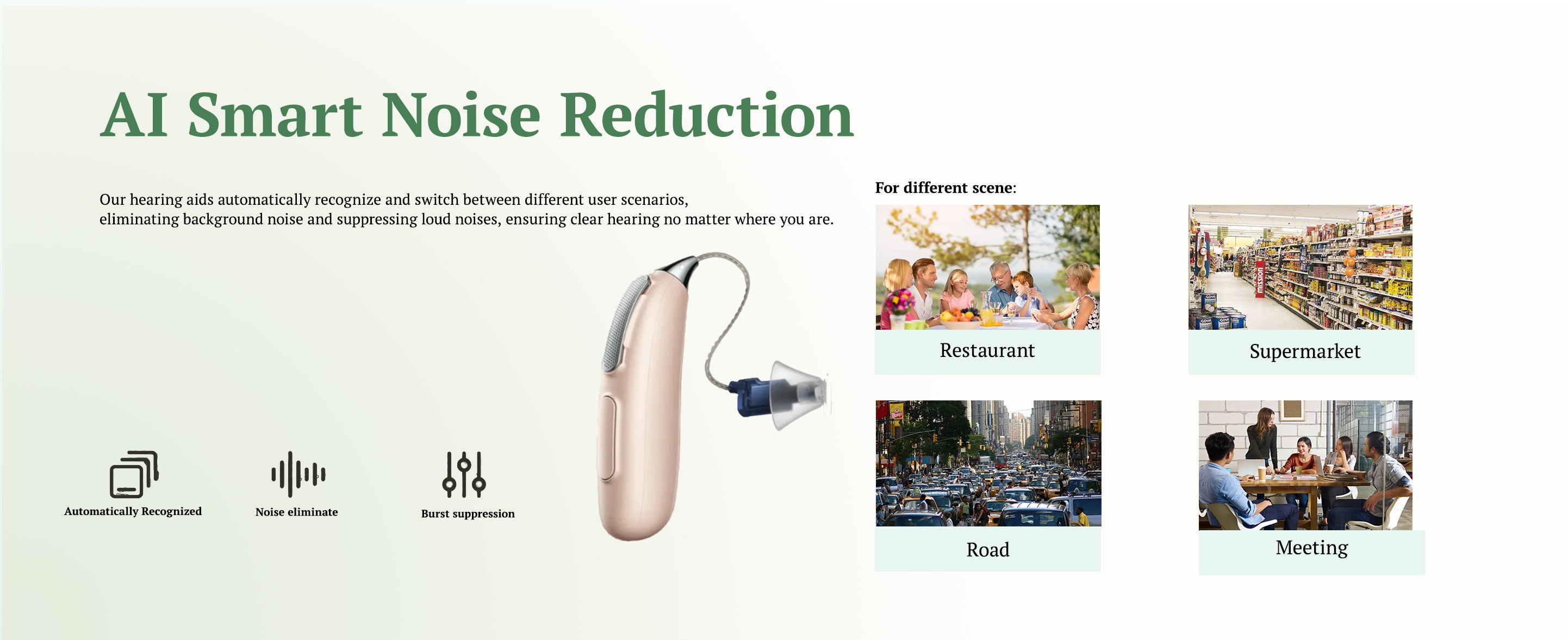 An image on the JIUYEE Real Extra OTC Bluetooth Hearing Aids details page showcasing noise reduction in various environments.