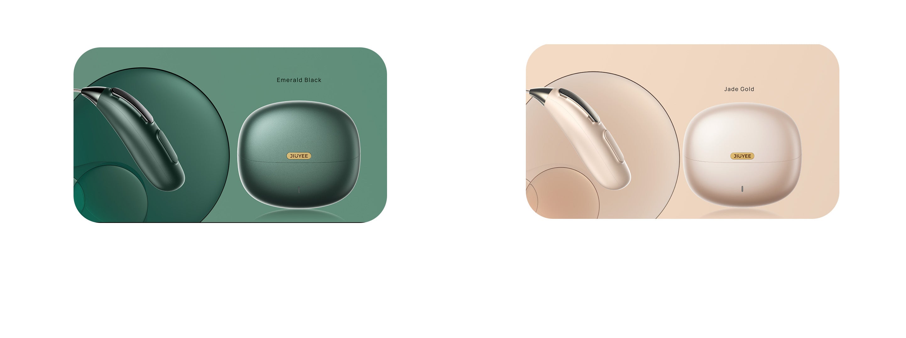 An image on the JIUYEE Real Extra OTC Bluetooth Hearing Aids details page showcasing the two color options available, emerald black and jade gold.