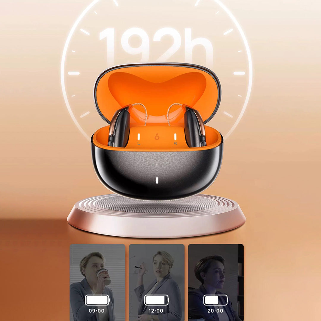 An image on the JIUYEE  Real Pro hearing aids details page showcasing the hearing aid's extended battery life of 192 hours.