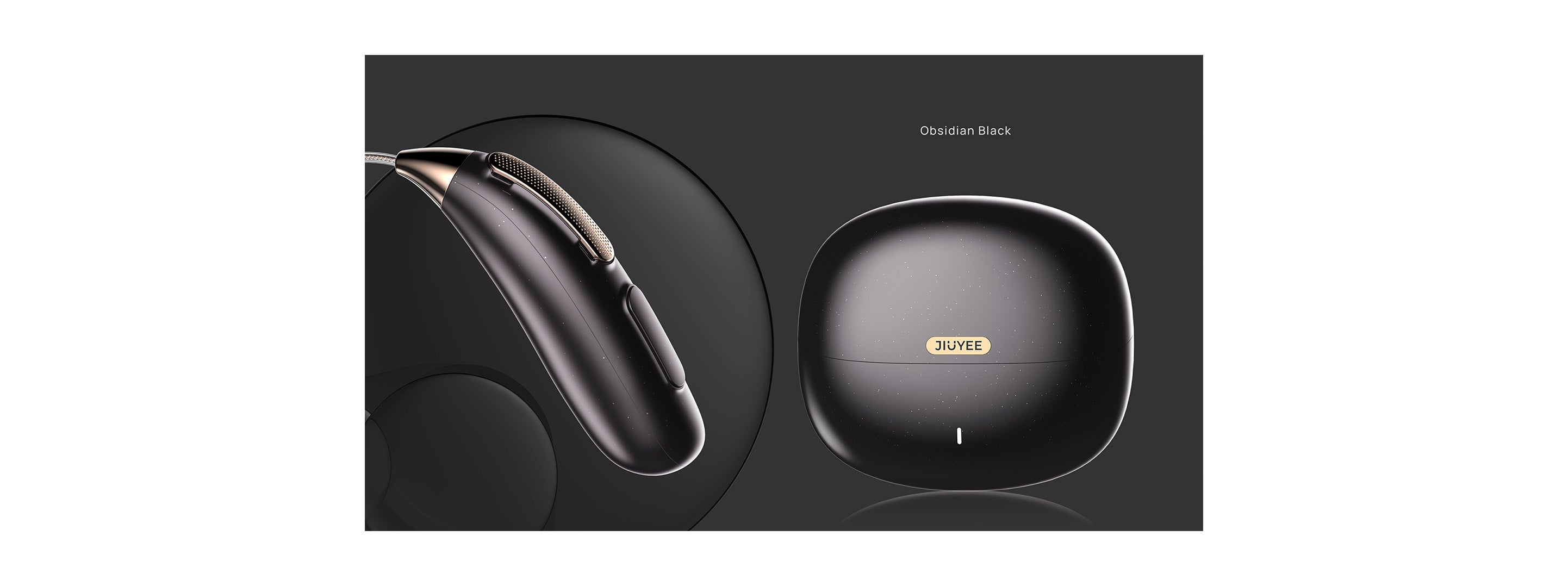 An image on the JIUYEE Real Pro hearing aids details page showcasing the color options for the hearing aid, obsidian black.